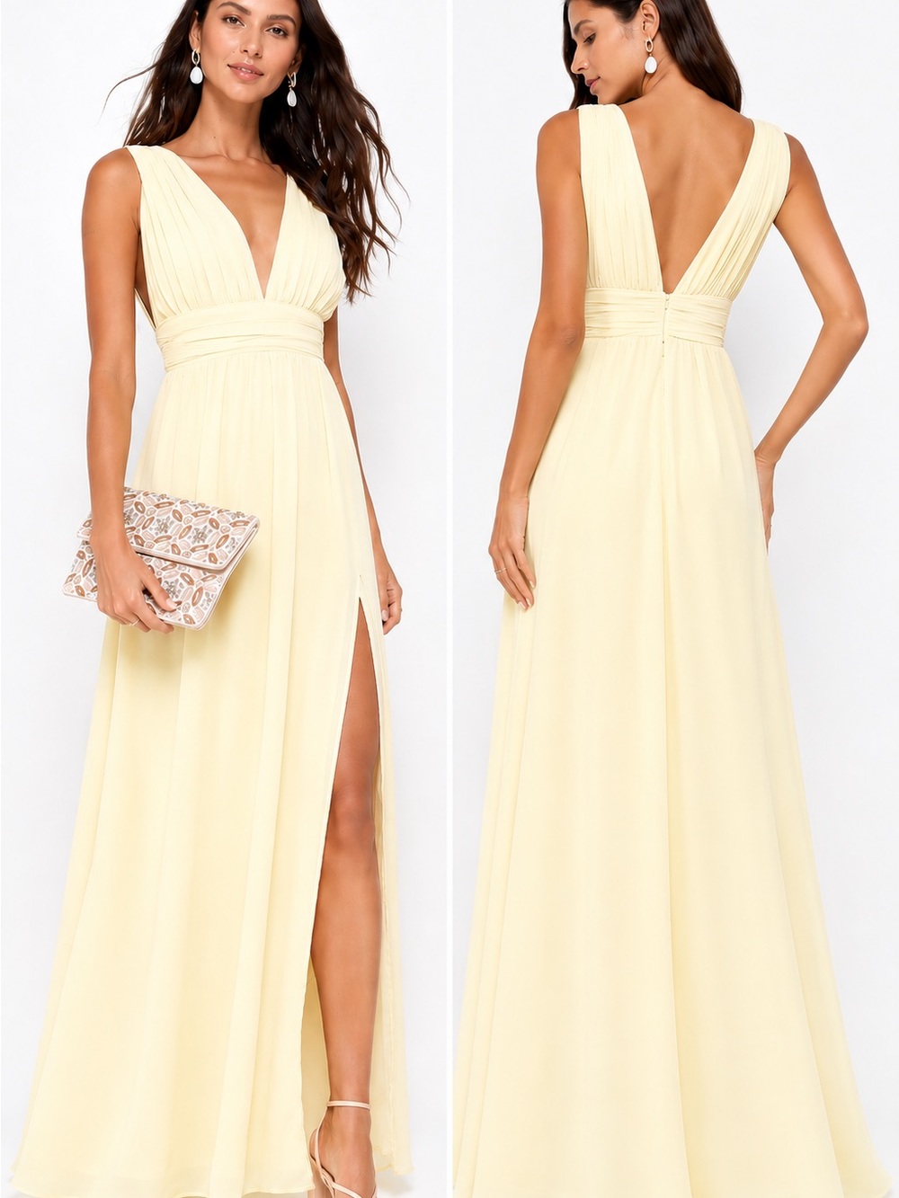 Lulus‎ Heavenly Hues Maxi Dress Pale Yellow Side Slit Chiffon Size XL NWT